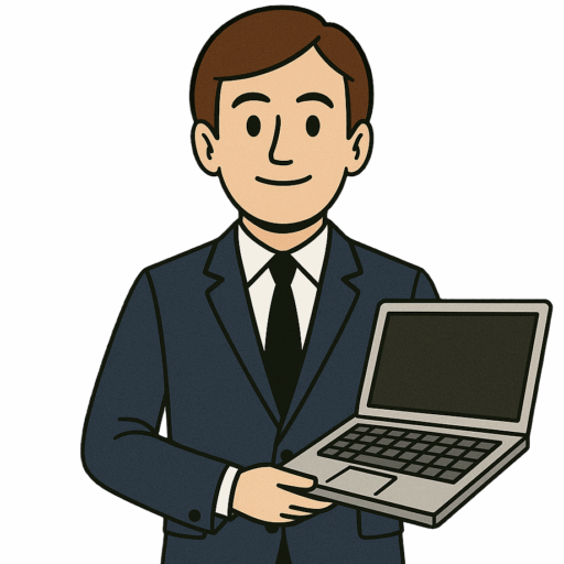 Het geïllustreerde BramCraft-personage met een laptop